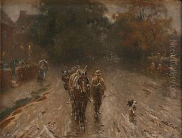 Man Leading A Pair Of Shire Horses Along A Street On A Rainy Evening Oil Painting by Harold Swanwick