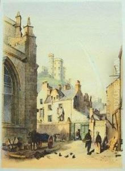 Queen Mary's Tower, Holyrood Palace; Jail Governor's House, From The College Church Oil Painting by Samuel Dukinfield Swarbreck