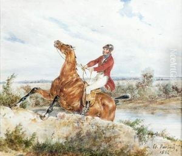 Veneur A Cheval Franchissant Un Ruisseau Oil Painting by Edouard Bernard Swebach