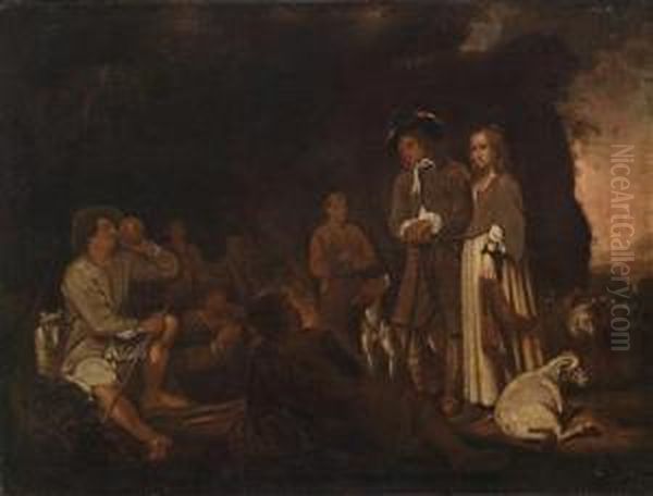 A Gentleman And A Lady Conversing Withshepherds Gathered Around A Fire Oil Painting by Michiel Sweerts