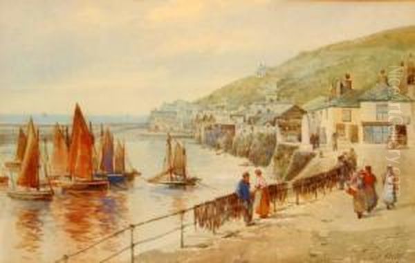 Cornish Coastal Village With Figures And Boats Oil Painting by Walter Henry Sweet