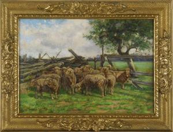 Sheep By A Country Fence Oil Painting by William Otis Swett