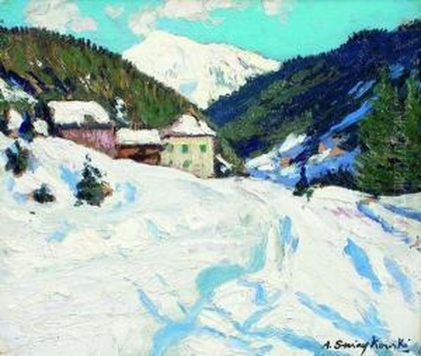 Hameau Dans Un Paysage De Montagne Enneige. Oil Painting by Alfred Swieykowski