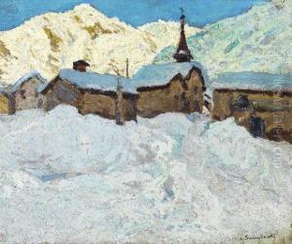 Village Sous La Neige Oil Painting by Alfred Swieykowski