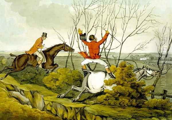 Plunging Through the Hedge, from 'Qualified Horses and Unqualified Riders', 1815 Oil Painting by Henry Thomas Alken