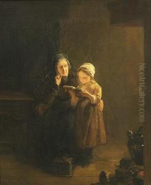 Old Lady And Child Reading Oil Painting by Catherine Bisschop-Swift