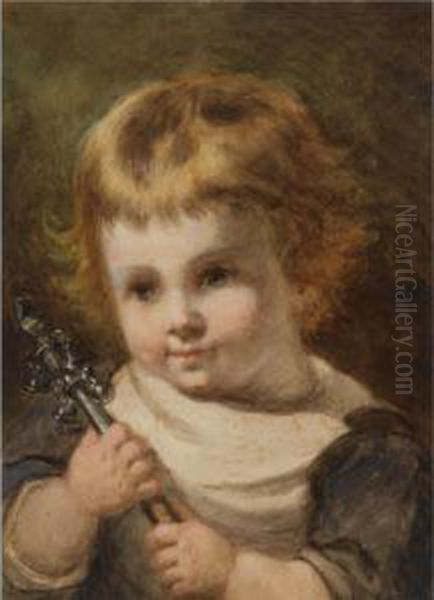 A Portrait Of A Young Girl Holding A Rattle Oil Painting by Catherine Bisschop-Swift