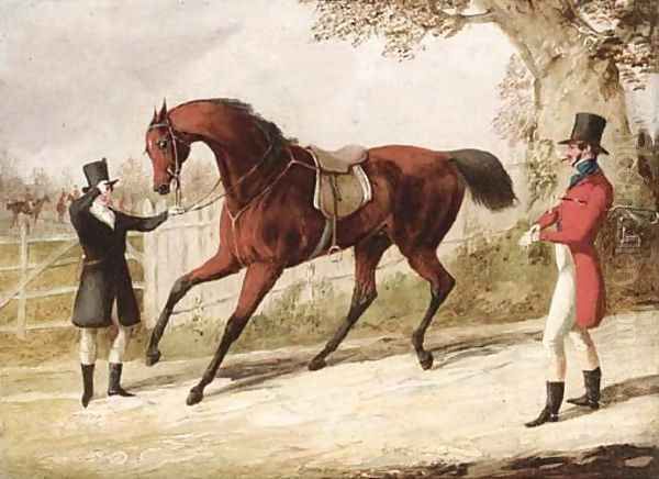 A huntsman and his groom with a saddled bay hunter, the meet beyond Oil Painting by Henry Thomas Alken