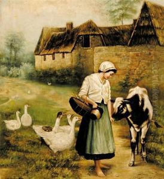 Farm Girl Feeding The Animals Oil Painting by George Swinstead