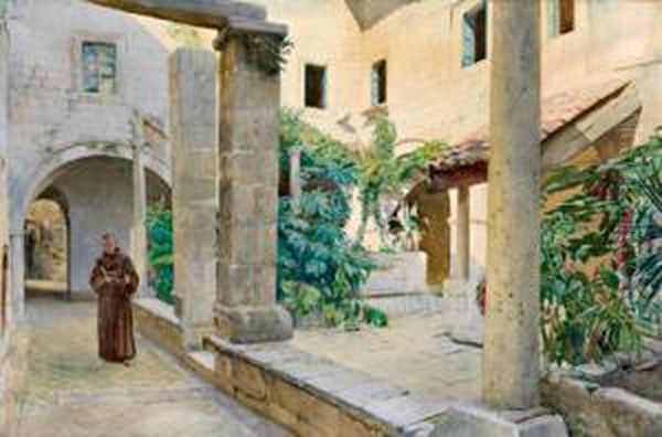 Cortile Del Convento Inondato Dal Sole Oil Painting by Rudolf Ii Swoboda