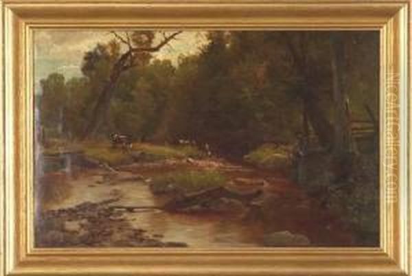 Creekside Landscape With Cattle Grazing Oil Painting by James Brade Sword