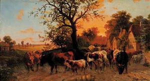 Untitled - Cattle In The Lane Oil Painting by Gerhard Sy