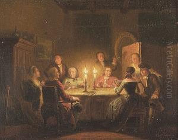 A Card Game By Candle Light Oil Painting by Pieter Gerard Syamaar