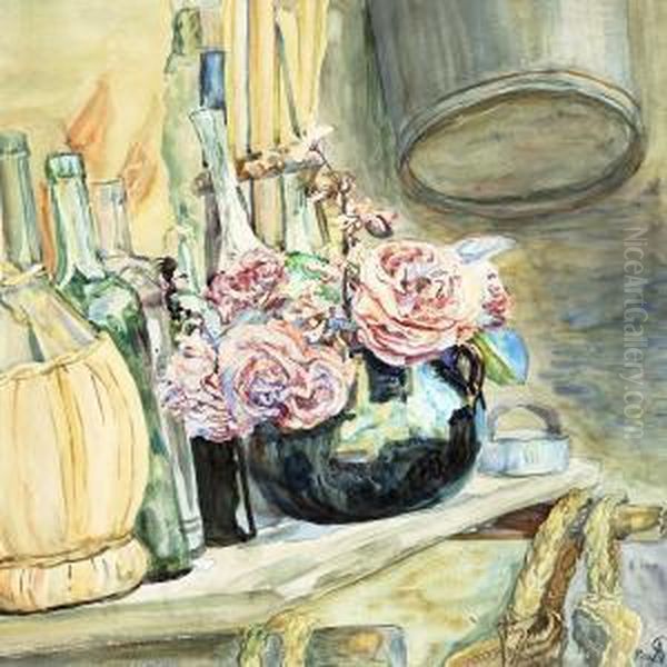 Pink Roses And Chianti Bottle On A Sill Oil Painting by Anna L., Nee Hansen Syberg