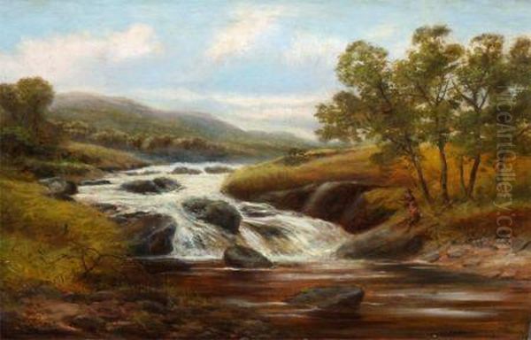 River Landscape With Young Boys Fishing Oil Painting by James Syer