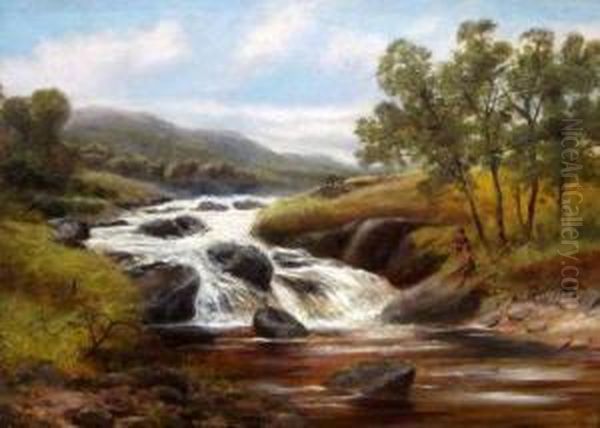 River Landscape With Children Fishing From A Rock Oil Painting by James Syer