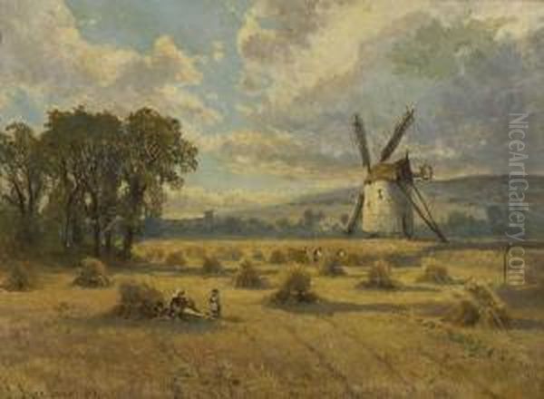 Rastende Bauern Auf Einem Feld Vor Windmuhle Oil Painting by James Syer