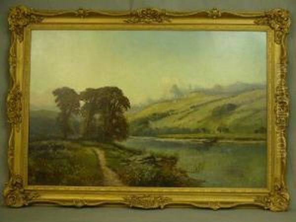 River Landscape Withdistant Moorland Oil Painting by John Syer