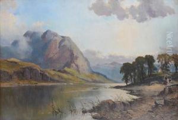 Lake Landscape With Cattle On A Track, Possibly The Lake District Oil Painting by John Syer