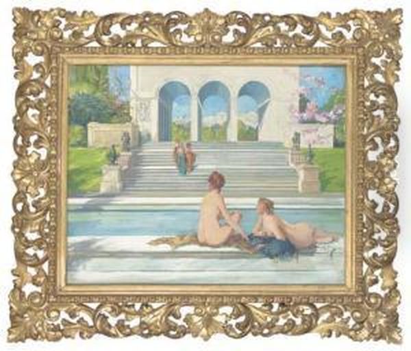 Maidens Relaxing By A Pool In An Arcadian Landscape Oil Painting by Charles Henry Sykes