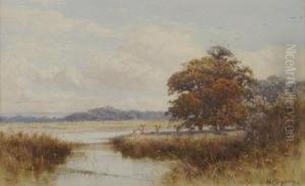 Summer River Landscape With Fisherman Oil Painting by Henry Sykes