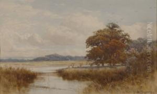 River Landscape With Three Fishermen On The Bank Oil Painting by Henry Sykes