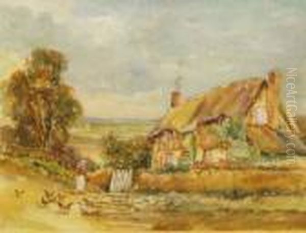 Lady With Poultry In A Country Lane Before A Cottage Oil Painting by John Henry Sylvester