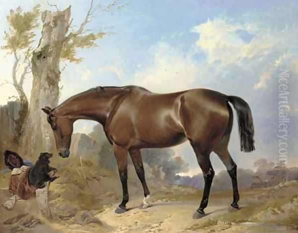 A bay hunter and dog in a landscape Oil Painting by Richard Ansdell