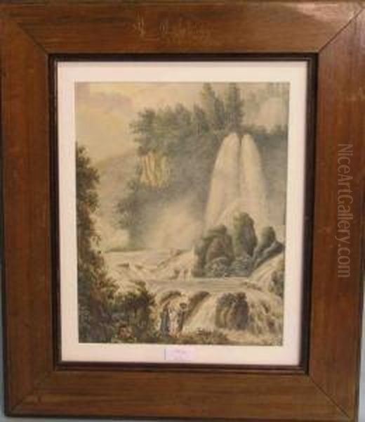 Anglerpaar Vor Gebirgsfluss Mit Wasserfall Oil Painting by Ivor I.J. Symes