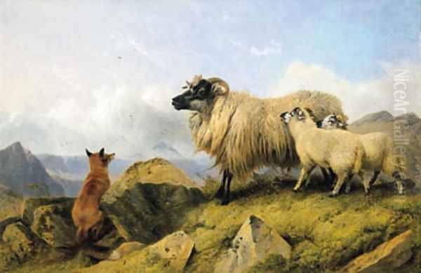 Highland Folk - Two Lambs, a Ewe and a Fox Oil Painting by Richard Ansdell