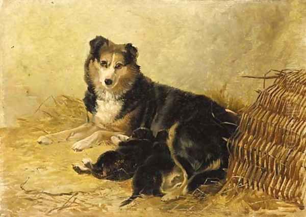 A collie and puppies Oil Painting by Richard Ansdell