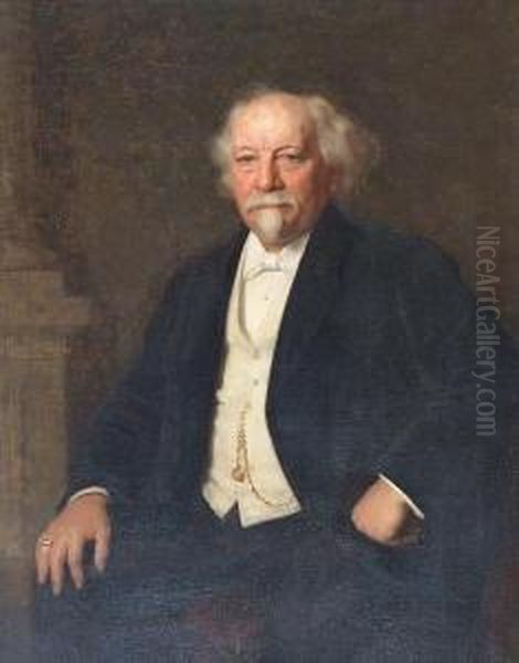 Portrait Of Mr Arthur Ross, Seated, Three-quarter Length, Wearing Black Jacket, White Shirt And Tie; Together With A Companion Portrait Of His Wife Oil Painting by William Robert Symonds