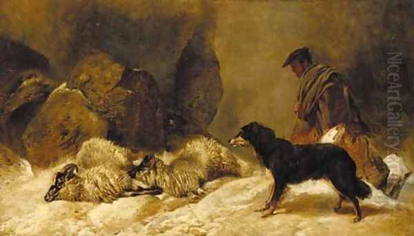 Lost, a shepherd with a dog and sheep in a snowy landscape Oil Painting by Richard Ansdell