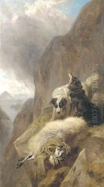 Sheepdogs with a stricken sheep in a mountainous Highland landscape Oil Painting by Richard Ansdell