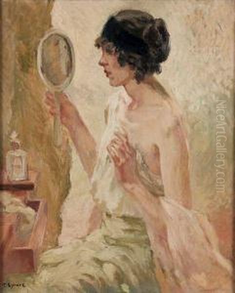 Jeune Femme Au Miroir A Main Oil Painting by Tancrede Synave