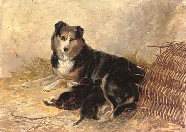 Motherhood - A collie with puppies Oil Painting by Richard Ansdell