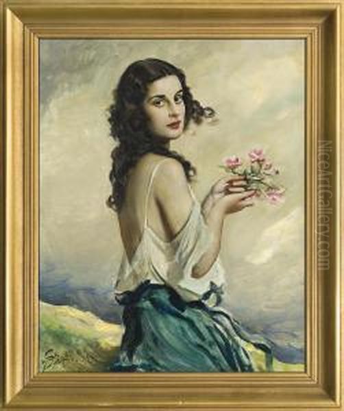 Girl With Flowers Oil Painting by Boleslaw Szankowski