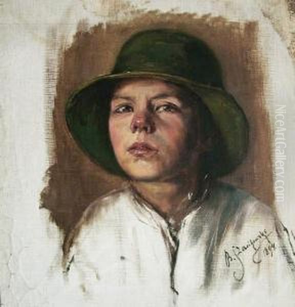 Portret Chlopca W Zielonym Kapeluszu Oil Painting by Boleslaw Szankowski