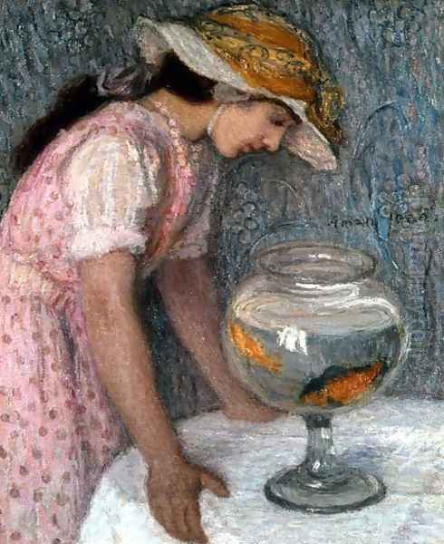 Young Girl with a Goldfish Oil Painting by Edmond-Francois Aman-Jean