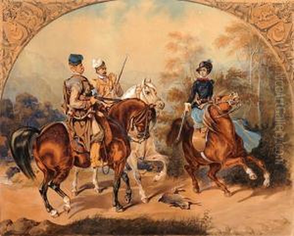 Scena Mysliwska: Dwoch Szlachcicow I Amazonka - Kopia Z Akwareli Juliusza Kossaka, [1854 ?] Oil Painting by Jozef Szermentowski