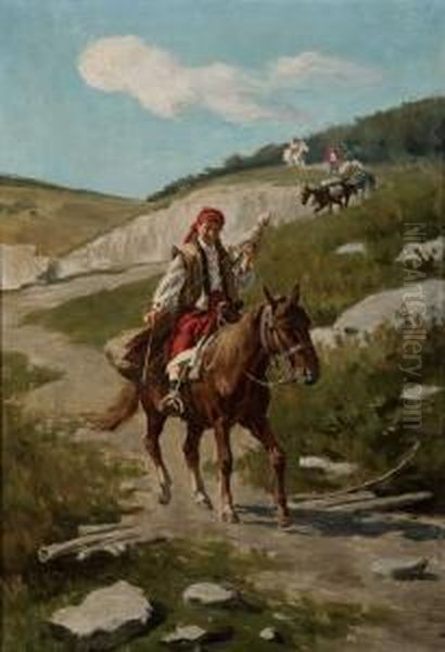 Peasant Girl On Horseback Spinning Oil Painting by Wladyslaw Szerner