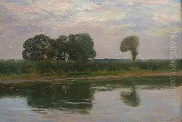 River Landscape Oil Painting by Lajos Szlanyi