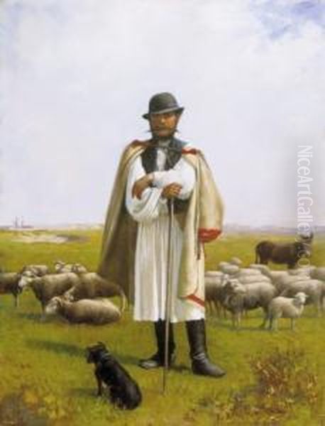 Shepherd Oil Painting by Mihaly Szobonya