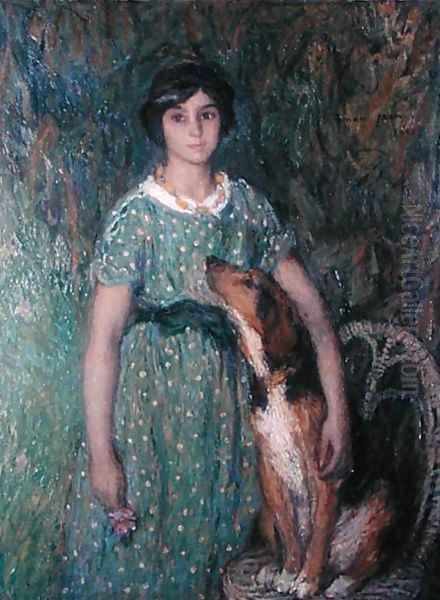 Young girl with a dog, 1913 Oil Painting by Edmond-Francois Aman-Jean