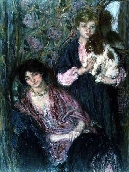 Two Women with a Spaniel Oil Painting by Edmond-Francois Aman-Jean