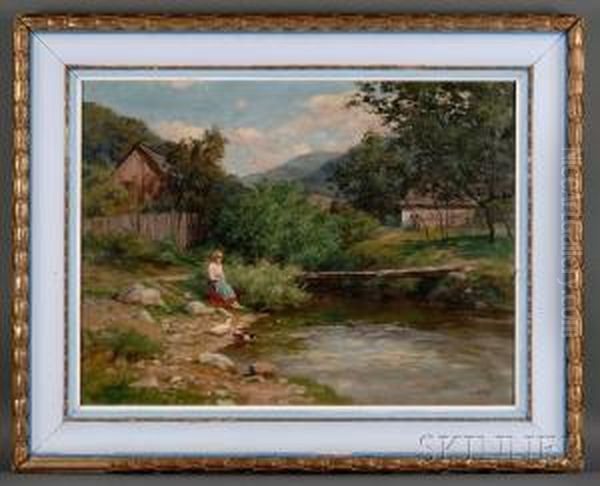 Girl And Ducks At The River's Edge Oil Painting by Tibor Szontagh