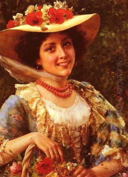 Cappello Di Paglia Papaveri (Straw Hat with Poppies) Oil Painting by Federico Andreotti