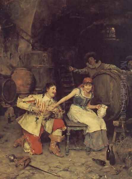 Flirtation in the Wine Cellar Oil Painting by Federico Andreotti