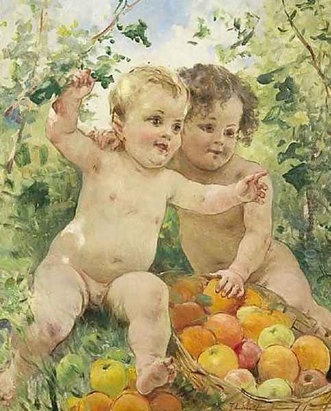 Two children with a fruit basket Oil Painting by Federico Andreotti