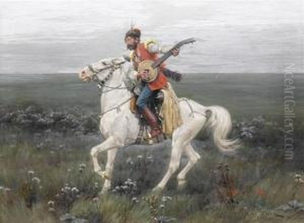 Musician On A White Horse Oil Painting by Stanislaw Ksawery Szykier (Siekierz)